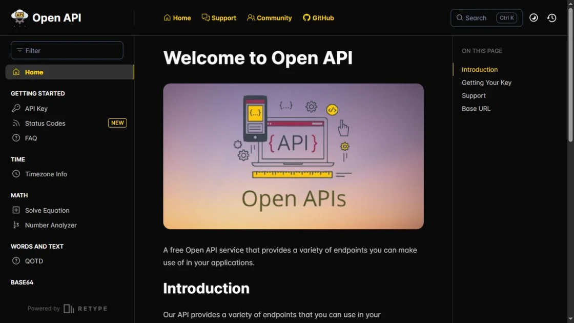 Open API website homepage
